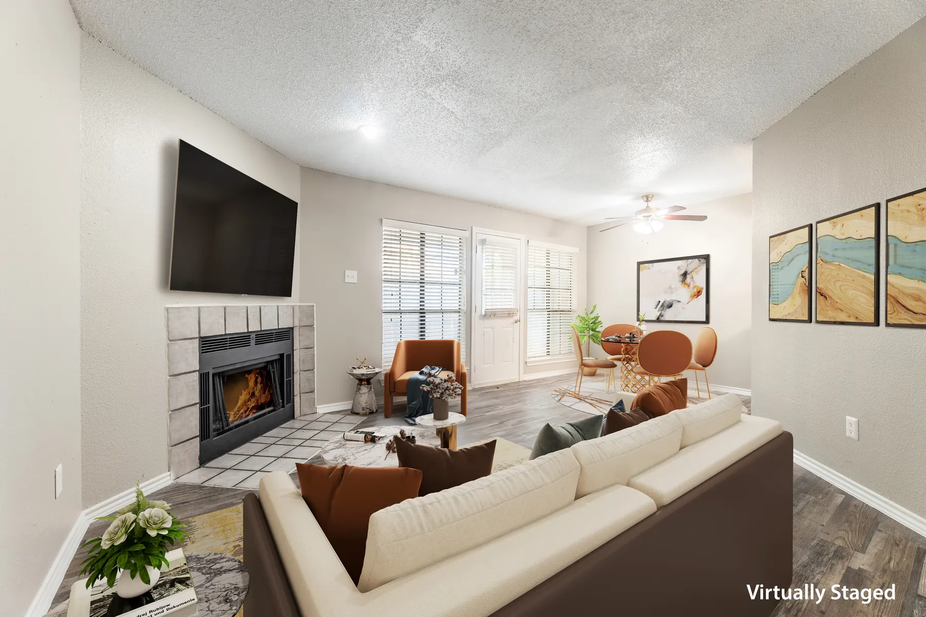 Living room with fireplace (virtually staged)