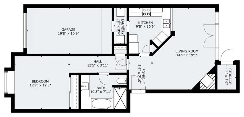 A1 floor plan: 1 Bed, 1 Bath, 820 sq ft